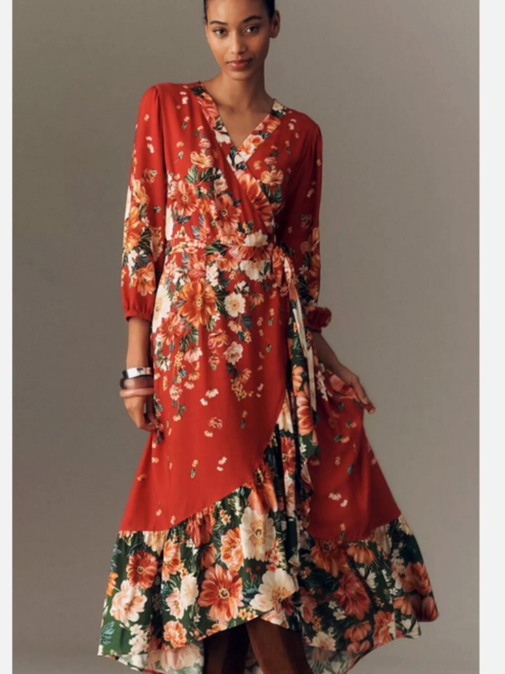 Farm Rio Anthropologie Long-Sleeve Wrap Midi Dress Size S NWT Red Floral Small